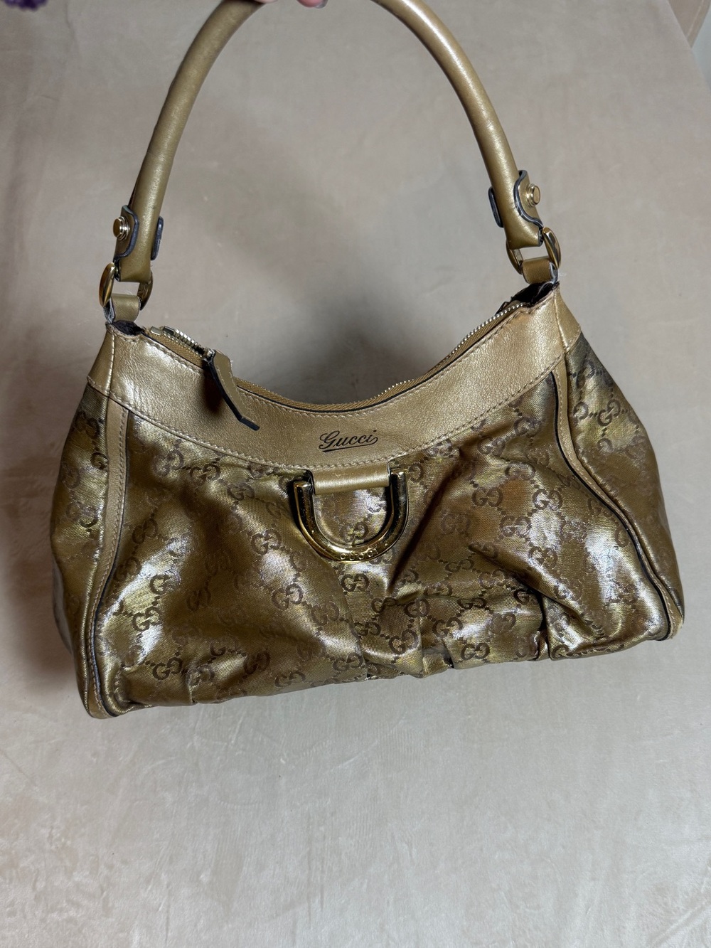 Gucci Abbey D-Ring Metallic Gold GG Monogram Shoulder Bag Y2K Vintage